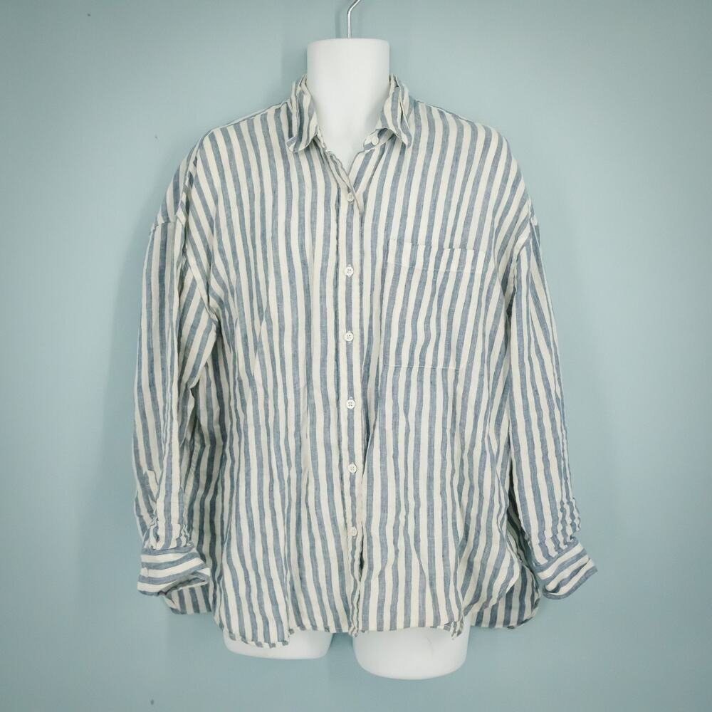 Faherty Size Large L Laguna Relaxed Blue White Stripe Print Linen Top Blouse - Picture 2 of 7